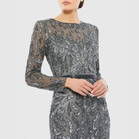 Mac Duggal 5124 Size 4 Charcoal Gray Beaded Long Sleeve Evening Gown Maxi Dress - Picture 5 of 7